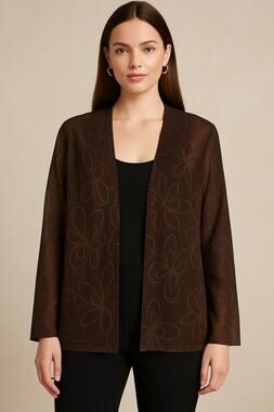 Linea Domani Women’s 14 Brown Gold Metallic Sheer Open Cardigan Jacket NWT